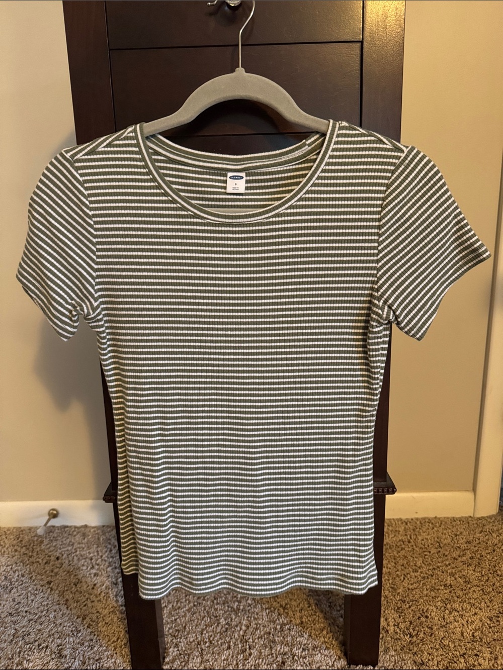 Old Navy Olive and White Striped Ribbed Crewneck Tee